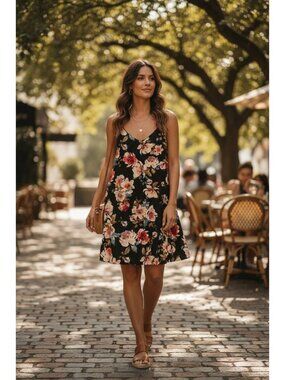 Vintage Havana Velvet Dress Spaghetti Strap Short Floral Black size Med